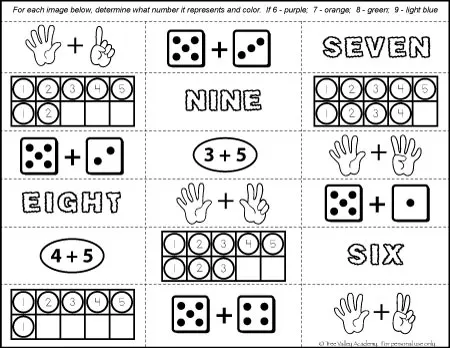 Free Coloring Math Printables. 5+1; 5+2; 5+3 & 5+4 practice worksheet.