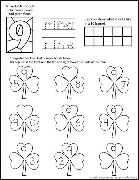 Free math printable. Number bonds of 9 with a clover leaf theme, 9 in a 10 frame, even or odd, and learning to write "nine".  #addition #subtraction #numberbonds #worksheets