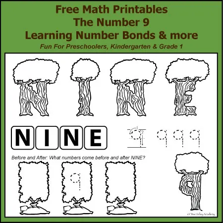 Free Math Printables for Preschoolers, Kindergarten and Grade 1. Number Study of 9. Learning Number Bonds of 9 and more.