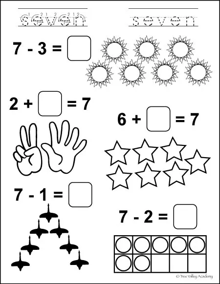 Free Printable. Learning number bonds of 7 math equations.