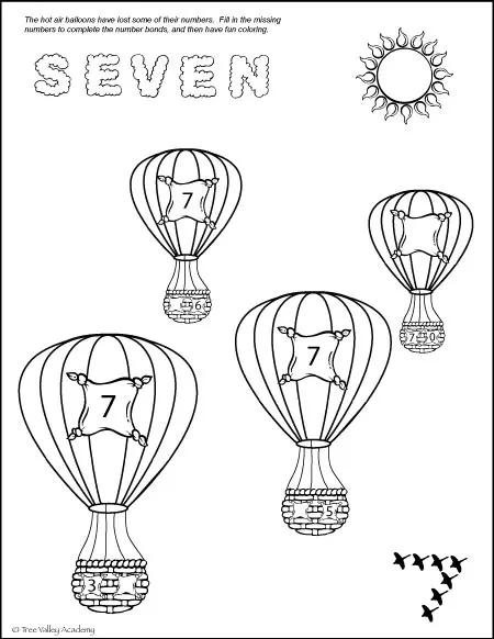 Free Fun Math Printable. Number bonds of 7 colouring page.