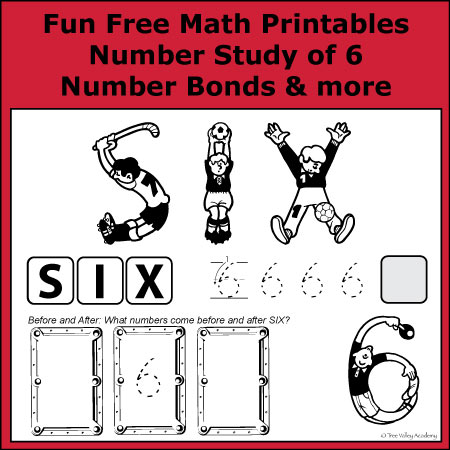 Fun Free Math Printables learning number bonds of 6, writing the word "six" and more