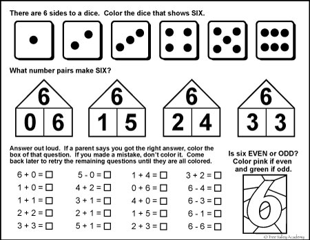 free math printable: number bonds one thru six, and even or odd.