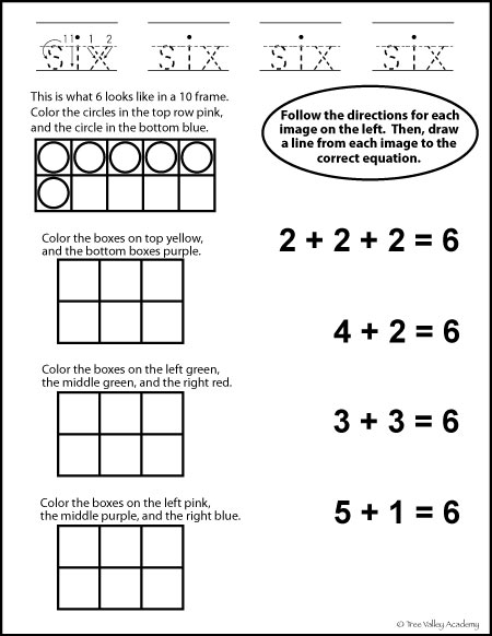 free math printable - number bonds of 6 & learning to write in words the number six