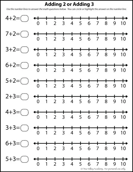 Adding 2 or adding 3 on a number line. Free math printable, easy enough for preschoolers to do.