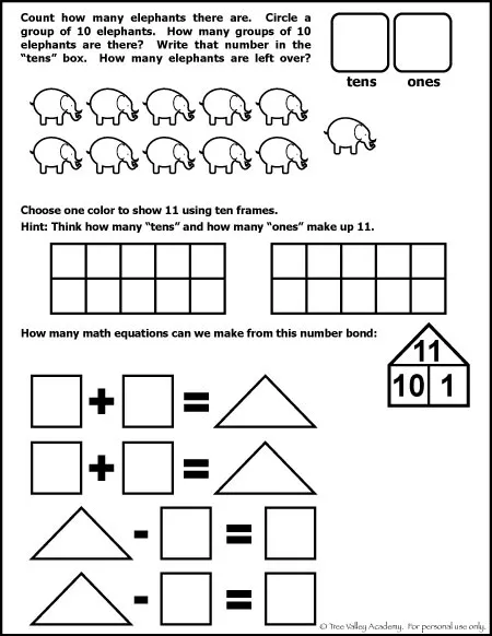 Free Math Worksheet for Kindergarten or Grade 1 student. The number 11. Learning place value, number bonds, fact families, and showing in ten frames.