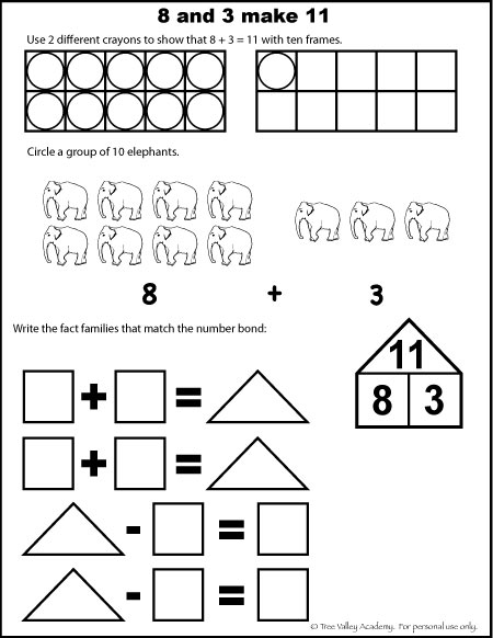 Free Math Worksheets for kids. The number 11, addition with ten frames, fact families, number bonds, etc.