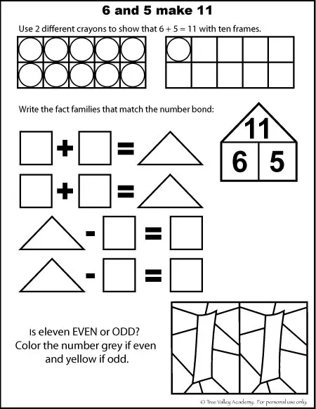 Free Math Printables for Kindergarten and Grade 1 students. Fact families, addition with ten frames and odd or even.