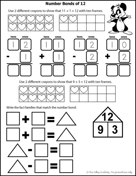 Free math printables for Kindergarten and Grade 1. Number study of 12. Learning number bonds, column addition, fact families, and addition with ten frames.