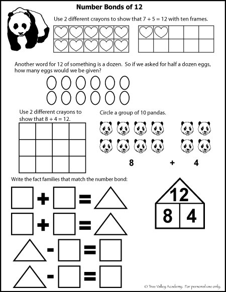 Free math printables for Kindergarten or Grade 1. Learning number bonds of 12, fact families, ten frames, a dozen, and regrouping by ten.