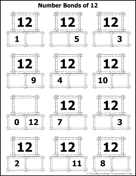 number bonds to 12 free math worksheets