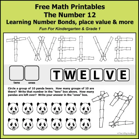 Free math printables for Kindergarten and Grade 1. The number 12. Learning number bonds, place value, writing numbers in words, column addition, and more.
