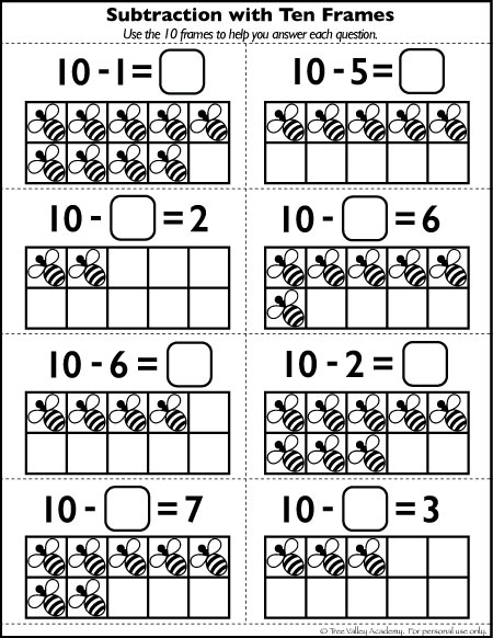 Subtraction using 10 frames worksheet. Ideal for a preschool, kindergarten or Grade 1 student.  A free number bonds to 10 worksheet with a bee theme. #math #bondsof10 #subtraction #freeprintables