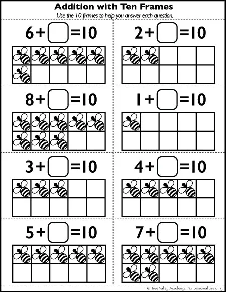 A free number bonds to 10 worksheet. Adding with 10 frames. Ideal for a preschool, kindergarten or Grade 1 student. Free math printable with a bee theme. #math #bondsof10 #freeprintables