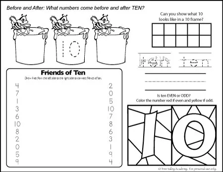 Free Math Printables learning the number 10. Before and after, odd or even, friends of 10, and writing ten in words. A number bonds to 10 colouring worksheet ideal for a preschool, kindergarten or Grade 1 student. #math #bondsof10
