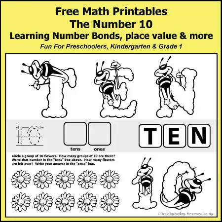 A number 10 math worksheet ideal for preschool, Kindergarten or Grade 1 students. Introducing place value, Number bonds to 10, place value, odd / even, writing ten in words, and more.