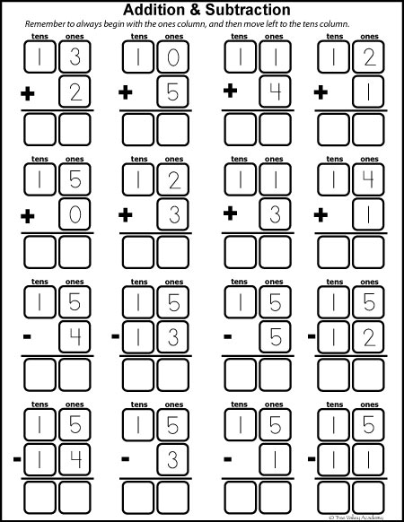 Free math printables for Kindergarten and Grade 1. Number study of 15. Learning number bonds, column addition and subtraction.