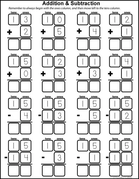 Free math printables for Kindergarten and Grade 1. Number study of 15. Learning number bonds, column addition and subtraction.