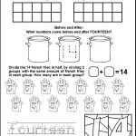 Free math printables for Kindergarten or Grade 1. A number study of 14, number bonds, before and after, ten frames, odd or even, dividing in half, and writing fourteen in words.