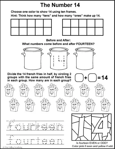 Free math printables for Kindergarten or Grade 1. A number study of 14, number bonds, before and after, ten frames, odd or even, dividing in half, and writing fourteen in words.