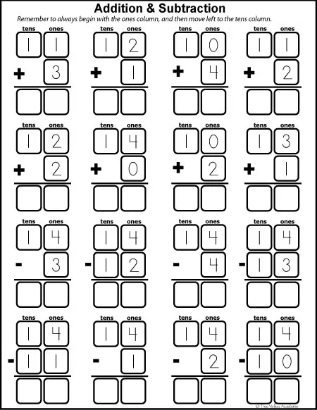 Free math printables for Kindergarten and Grade 1. Number study of 14. Learning number bonds, column addition and subtraction.