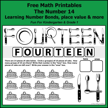 Free math printables for Kindergarten and Grade 1. The number 14: addition, subtraction, number bonds, place value, writing fourteen in words, and more.