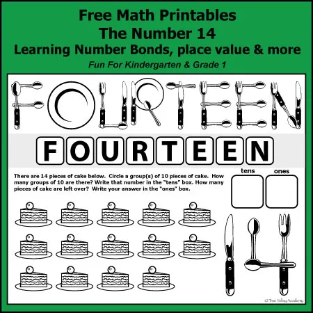 Free math printables for Kindergarten and Grade 1. The number 14: addition, subtraction, number bonds, place value, writing fourteen in words, and more.
