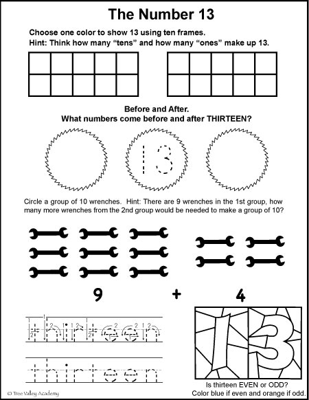 Free math printables for Kindergarten or Grade 1. A number study of 13, before and after, ten frames, odd or even, tracing thirteen, and learning to group by tens when adding.