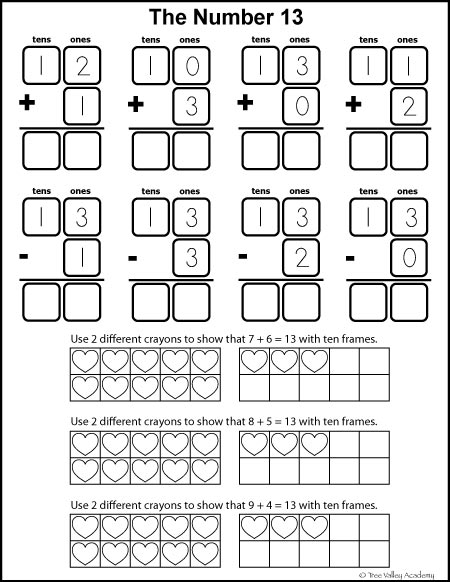 Free math printables for Kindergarten and Grade 1. Number study of 13. Learning number bonds, column addition, and addition with ten frames.