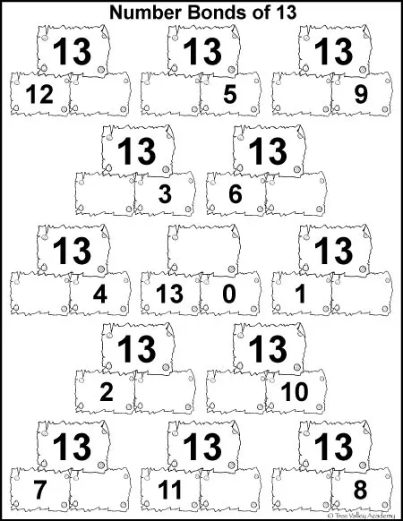 Free math printable, number bonds of 13.