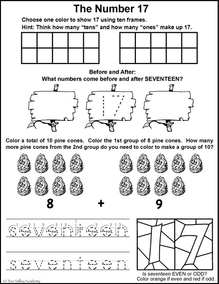 Free Grade 1 math printables. A number study of 17, before and after, ten frames, odd or even, tracing seventeen, and learning to group by tens when adding.