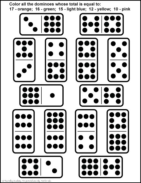 Free Addition Math Printable. Number Bonds of 10, 12, 15, 16 & 17. Fun domino colouring page.