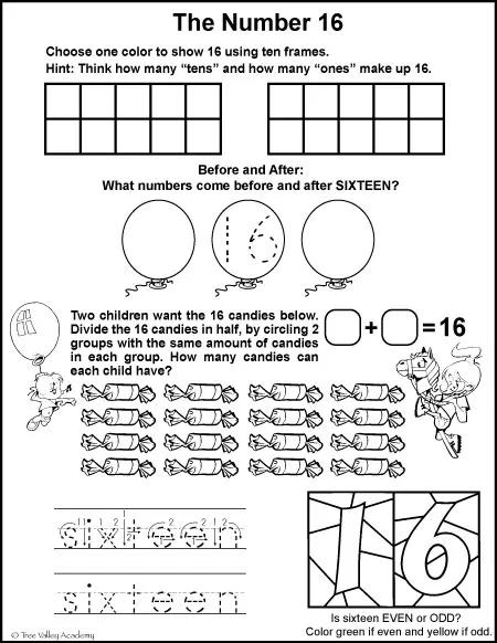 Free math printables for Kindergarten or Grade 1. A number study of 16, before and after, ten frames, odd or even, tracing sixteen, and dividing in half.