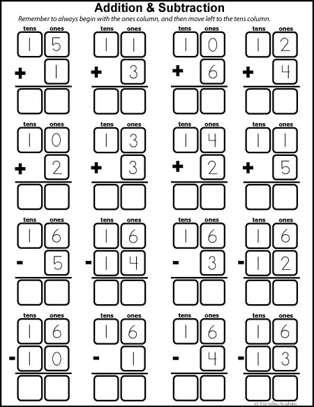 Free math printables for Kindergarten and Grade 1. Number study of 16. Learning number bonds, column addition and subtraction.