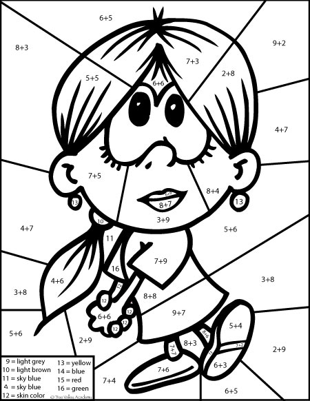 Free math printable. Color by number addition colouring page.