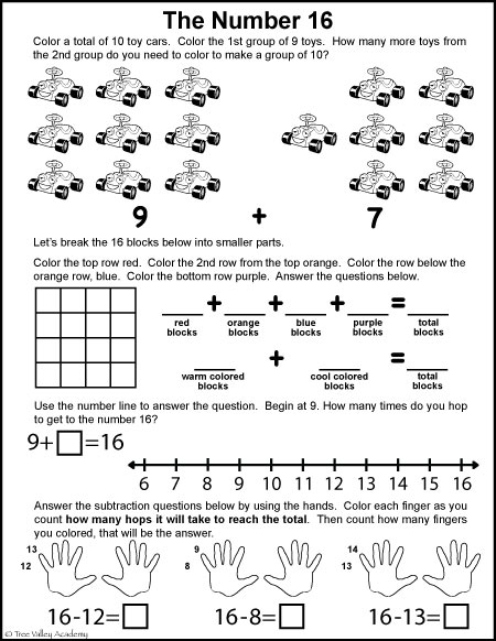 Free math printables for Kindergarten and Grade 1. Addition by grouping into tens; addition and subtraction with number lines and subtracting by counting on our hands; and decomposing and composing the number 16.