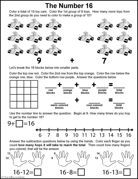 Free math printables for Kindergarten and Grade 1. Addition by grouping into tens; addition and subtraction with number lines and subtracting by counting on our hands; and decomposing and composing the number 16.