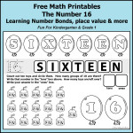 Number Bonds to 16 Free Math Worksheets