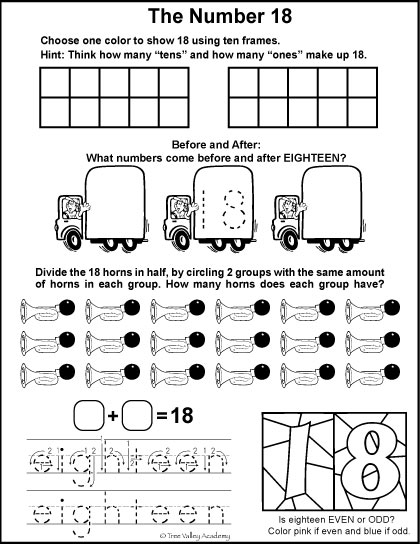 Free math printables for Kindergarten or Grade 1. A number study of 18, before and after, ten frames, odd or even, tracing eighteen, and dividing in half.