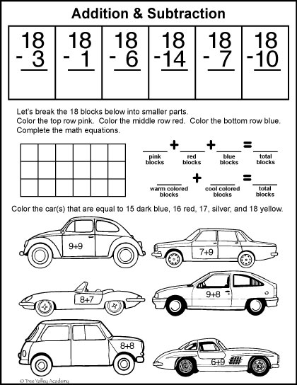 Grade 1 free math printables. Subracting from 18. Decomposing and composing the number 18. Coloring by number addition.