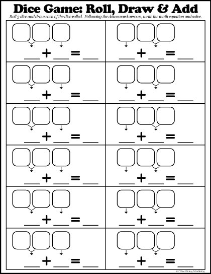 Free math printable. Addition practice with a dice game. Roll, draw and add 3 dice.