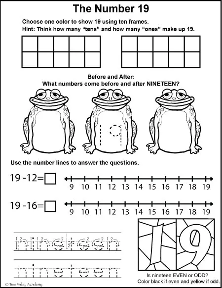 The number 19. Free Grade 1 math printables! Ten frames; place value; numbers before and after; odd or even; and learning to spell the number nineteen.