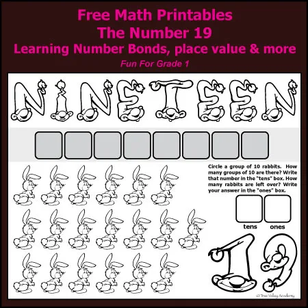 Free Grade 1 math printables. Number bonds of 19; subtracting on a number line; place value; spelling the number nineteen; ten frames; odd and even; numbers before and after.
