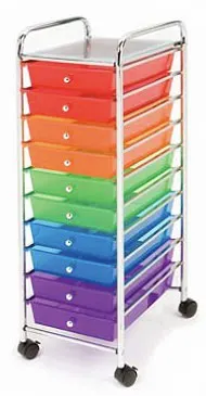 10 multicolour plastic drawers that are ideal for homeschooling use.