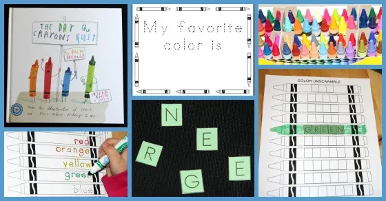 Book Activity to go with The Day The Crayons Quit. 3 page printable coloring activity adjustable to varying levels. Learning to read, write and spell the names of 12 colours.