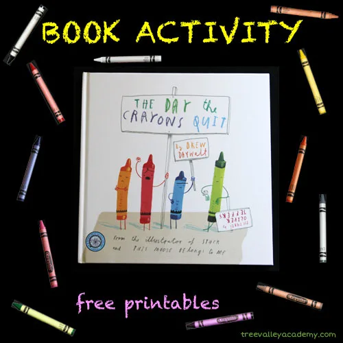 Book Activity to go with The Day The Crayons Quit. 3 page coloring activity adjustable to varying levels. Learning to read, write and spell the names of 12 colours. Free printable.