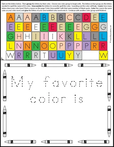 Book Activity to go with The Day The Crayons Quit. 3 page coloring activity adjustable to varying levels. Learning to read, write and spell the names of 12 colours. Free printable.