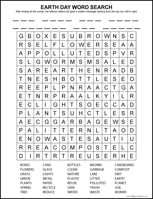 An easy Earth Day word search for early elementary aged kids. After kids find and circle all 35 of the hidden Earth Day words, the remaining letters will spell a secret Earth day message. Free printable pdf #earthday #wordsearch #earthdayactivity 