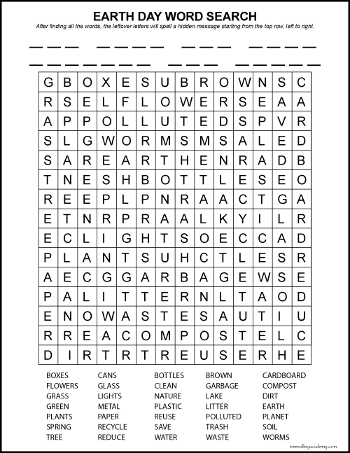 An easy Earth Day word search for early elementary aged kids. After kids find and circle all 35 of the hidden Earth Day words, the remaining letters will spell a secret Earth day message. Free printable pdf #earthday #wordsearch #earthdayactivity