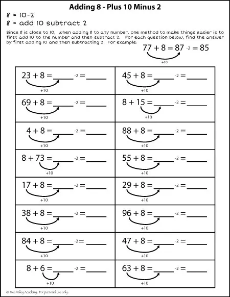 An addition strategy for kids. "Adding 8" strategy worksheet. This method involves adding 10 and then subtracting 2.